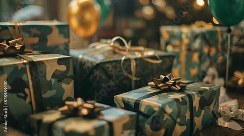 Soldier's Sendoff Heartfelt Army Farewell Gifts and Decorations on Camouflage Table Emotional Military Farewell Celebration with Balloons and Streamers Nikon Z7 50mm Lens Captured Clarity and Detail
