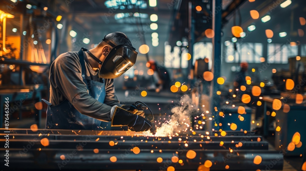 Front View of Man Welding in Workshop with Fire Sparks - Industrial Scene Front View of Man Welding in Workshop with Fire Sparks - Industrial Scene