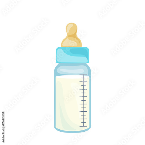 Classic milk baby bottle for feeding equipped latex nipple in cartoon style isolated on white