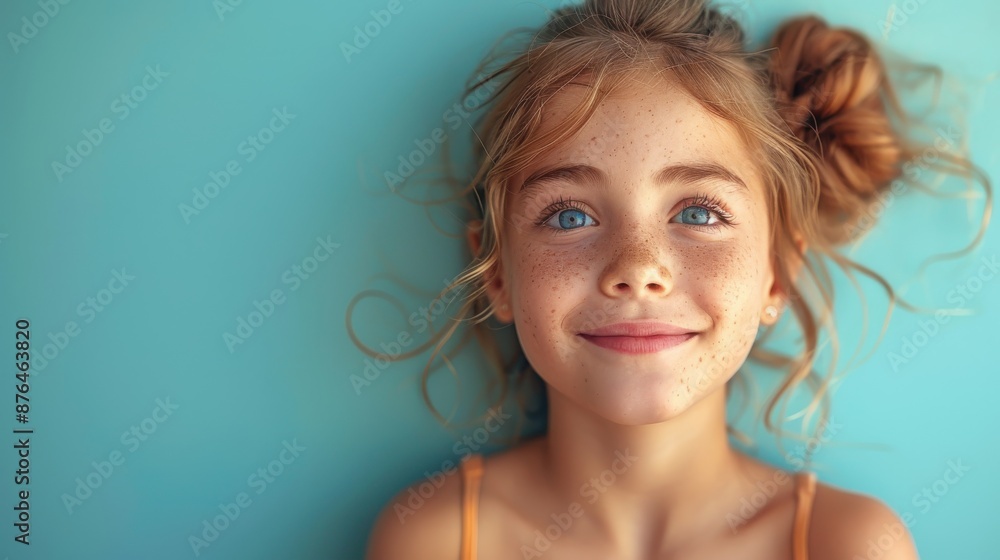 A cheerful young girl with striking blue eyes and light freckles smiles against a turquoise backdrop, celebrating the simplicity and delight of childhood in a vivid, carefree image. A cheerful young girl with striking blue eyes and light freckles smiles against a turquoise backdrop, celebrating the simplicity and delight of childhood in a vivid, carefree image.