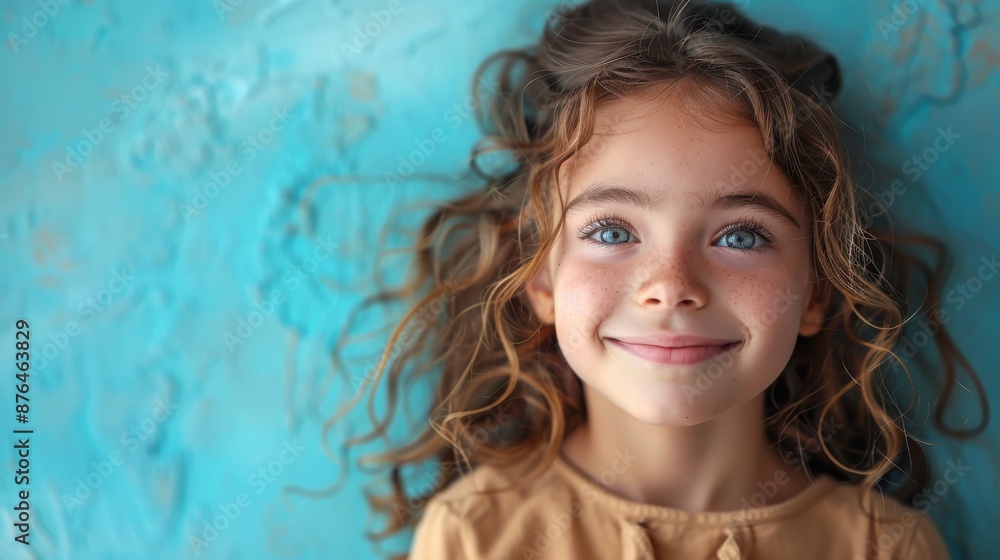 A young smiling girl with curly hair and bright blue eyes is lying against a textured blue wall, radiating happiness and innocence. A young smiling girl with curly hair and bright blue eyes is lying against a textured blue wall, radiating happiness and innocence.