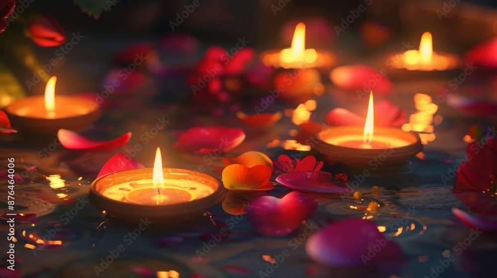 Radiant Diwali Candlelight Festive Arrangement of Glowing Candles Petals and Rangoli Designs Radiant Diwali Candlelight Festive Arrangement of Glowing Candles Petals and Rangoli Designs