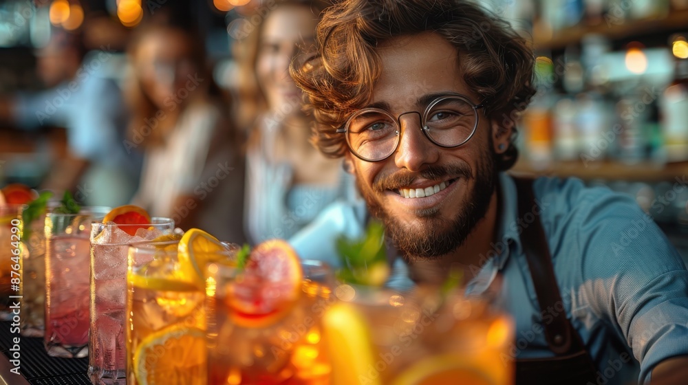 A cheerful bartender smiles behind a bar lined with a vibrant array of colorful cocktails, reflecting hospitality and a lively atmosphere. A cheerful bartender smiles behind a bar lined with a vibrant array of colorful cocktails, reflecting hospitality and a lively atmosphere.