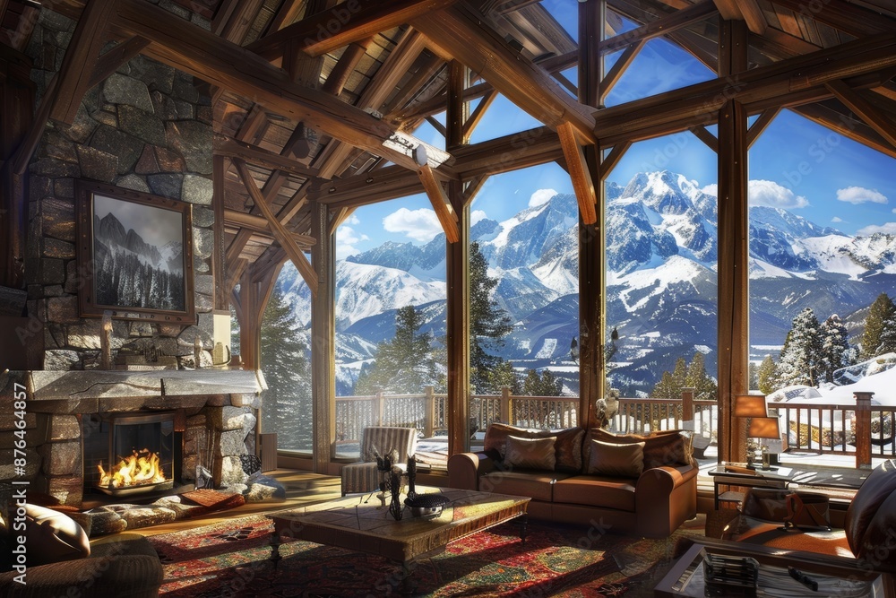 Fototapeta premium Cozy Mountain Lodge Living Room with Stone Fireplace and Panoramic Snow-Capped Peaks View