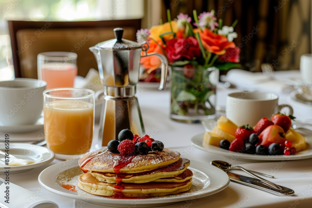 Delicious Breakfast Spread with Pancakes, Fresh Fruit, Coffee - Ideal for Food Photography & Print Designs Delicious Breakfast Spread with Pancakes, Fresh Fruit, Coffee - Ideal for Food Photography & Print Designs
