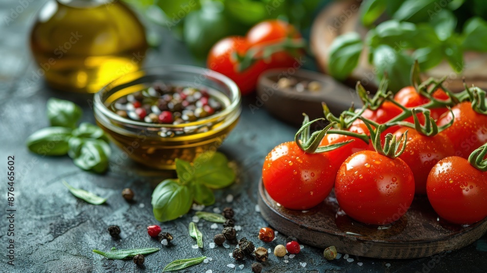 A kitchen scene with fresh tomatoes on the vine, basil leaves, a bowl of mixed peppercorns, and a small glass dish of olive oil, creating a vibrant and fresh atmosphere. A kitchen scene with fresh tomatoes on the vine, basil leaves, a bowl of mixed peppercorns, and a small glass dish of olive oil, creating a vibrant and fresh atmosphere.