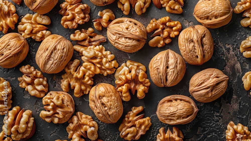 A variety of walnut halves and whole uncracked walnuts spread out on a dark textured surface, showcasing their diverse shapes and the rich, shelled texture of the nuts. A variety of walnut halves and whole uncracked walnuts spread out on a dark textured surface, showcasing their diverse shapes and the rich, shelled texture of the nuts.