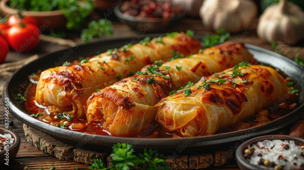 Four delectable stuffed cabbage rolls placed on a dark round tray, topped with fresh herbs and surrounded by a refreshing ambiance of ingredients like tomatoes and garlic.