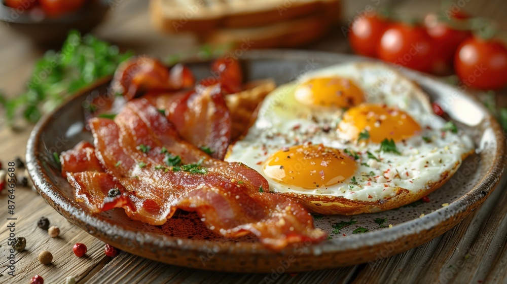 A plate of breakfast featuring crispy, delicious bacon alongside perfectly cooked sunny-side-up eggs, sprinkled with fresh herbs, making for a delightful and hearty meal. A plate of breakfast featuring crispy, delicious bacon alongside perfectly cooked sunny-side-up eggs, sprinkled with fresh herbs, making for a delightful and hearty meal.