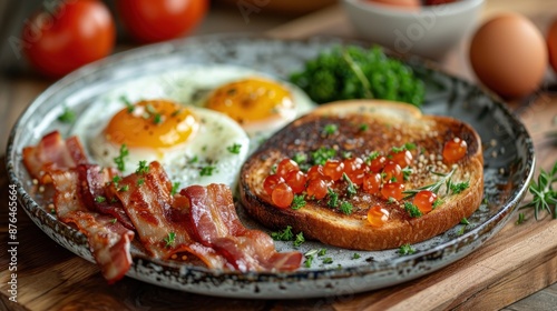 A breakfast plate featuring sunny-side-up eggs, crispy bacon, and toast topped with caviar garnish, accompanied by fresh parsley, creating a balanced and hearty morning meal.