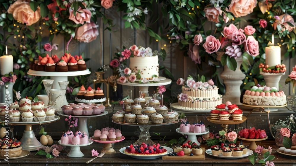 Fototapeta premium Indulgent Farewell Feast Decadent Dessert Table Overflowing with Sweet Delights Cakes Pastries and Floral Decorations for Festive Celebration