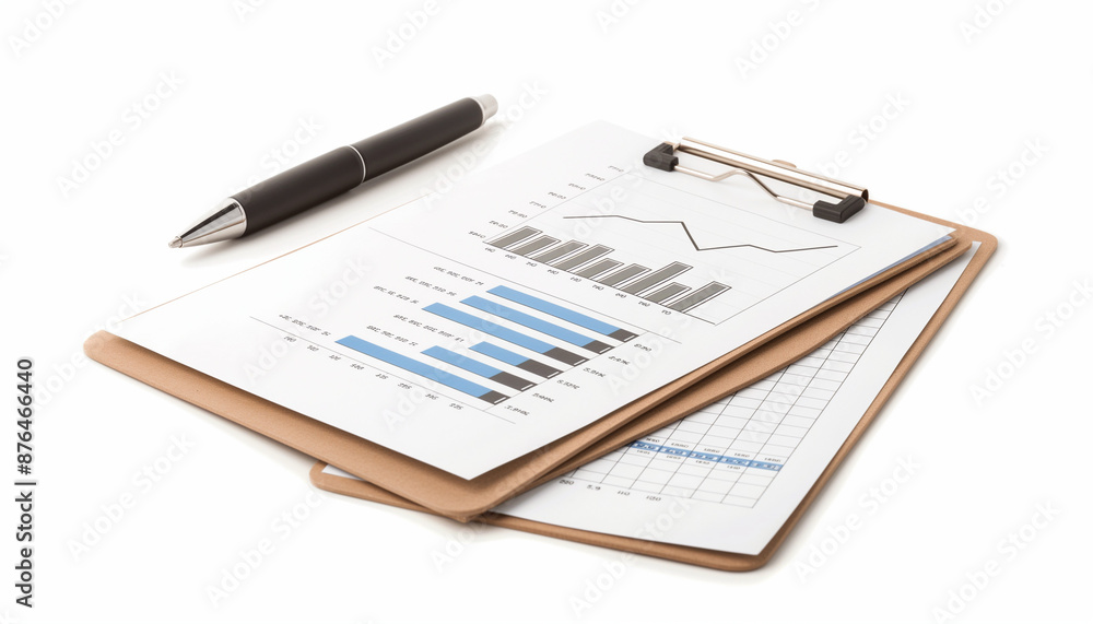 Clipboard with financial charts and graphs and a pen, representing data analysis and business planning Clipboard with financial charts and graphs and a pen, representing data analysis and business planning