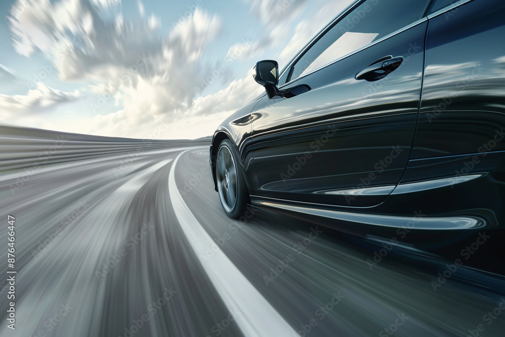 Front side view of dark business car driving on high speed with copy space area Front side view of dark business car driving on high speed with copy space area