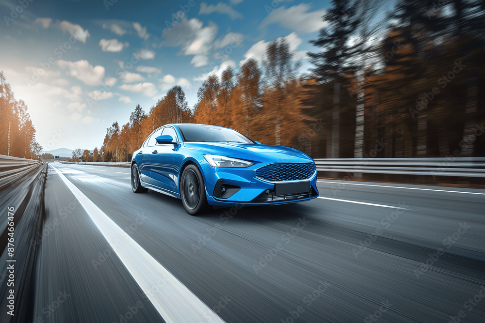 Rear view of blue Business car on high speed in turn. Blue car rushing along a high-speed highway, fast blur background Rear view of blue Business car on high speed in turn. Blue car rushing along a high-speed highway, fast blur background