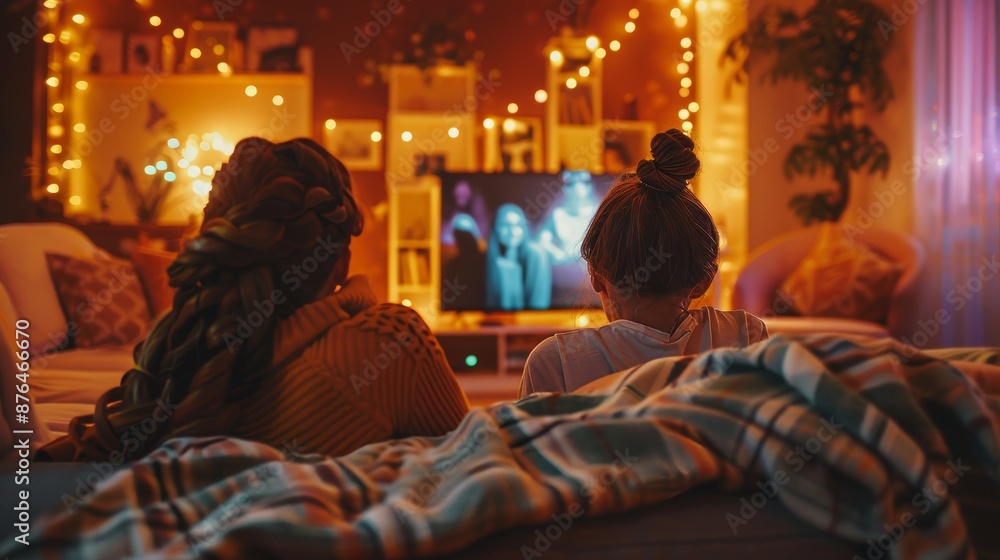 Fototapeta premium Cozy Movie Night Friends Fun and Fairy Lights in a Perfect Living Room Setting