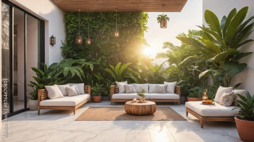 Fototapeta premium Luxury marble terrace around green exotic plants