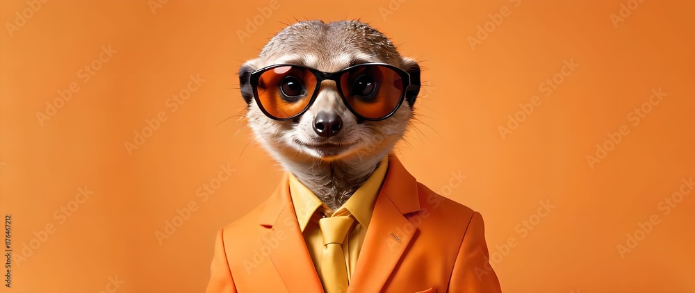 Meerkat in sunglasses in an orange jacket on an orange background, place for text, empty space Meerkat in sunglasses in an orange jacket on an orange background, place for text, empty space