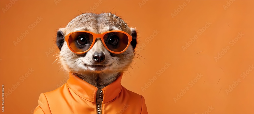 Meerkat in sunglasses in an orange jacket on an orange background, place for text, empty space Meerkat in sunglasses in an orange jacket on an orange background, place for text, empty space