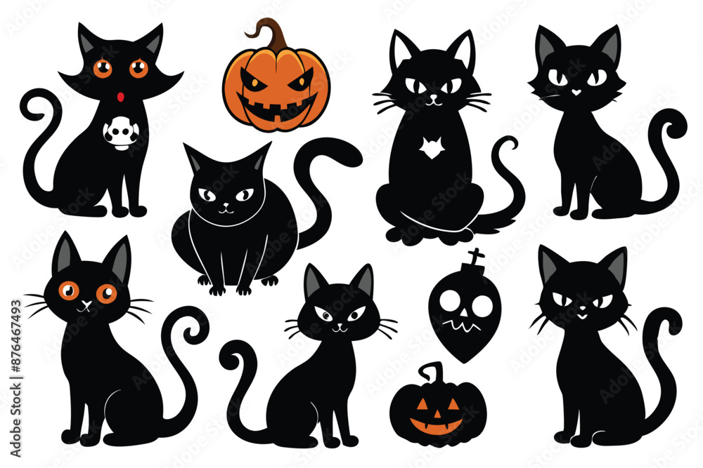Happy Halloween. Mega set of black cat with yellow eyes in different poses with a pumpkin, on a broomstick, in a hat of a witch and other elements isolated on a white background. Cartoon, vector Happy Halloween. Mega set of black cat with yellow eyes in different poses with a pumpkin, on a broomstick, in a hat of a witch and other elements isolated on a white background. Cartoon, vector