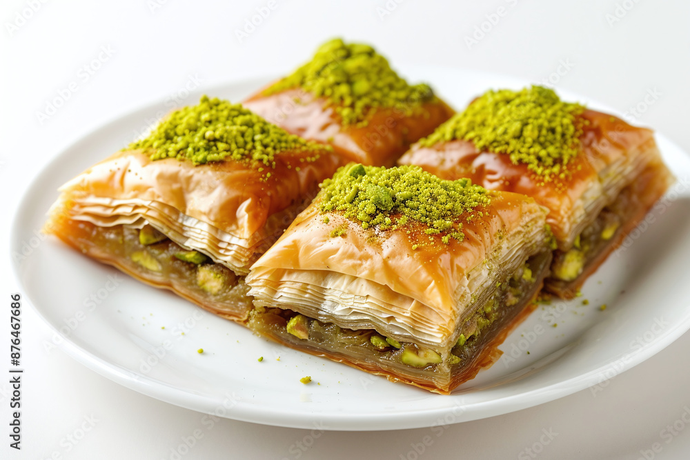 Pistachio baklava. Close-up baklava isolated on white background. Mediterranean cuisine delicacies. Top view
Pistachio baklava. Close-up baklava isolated on white background. Mediterranean cuisine delicacies. Top view