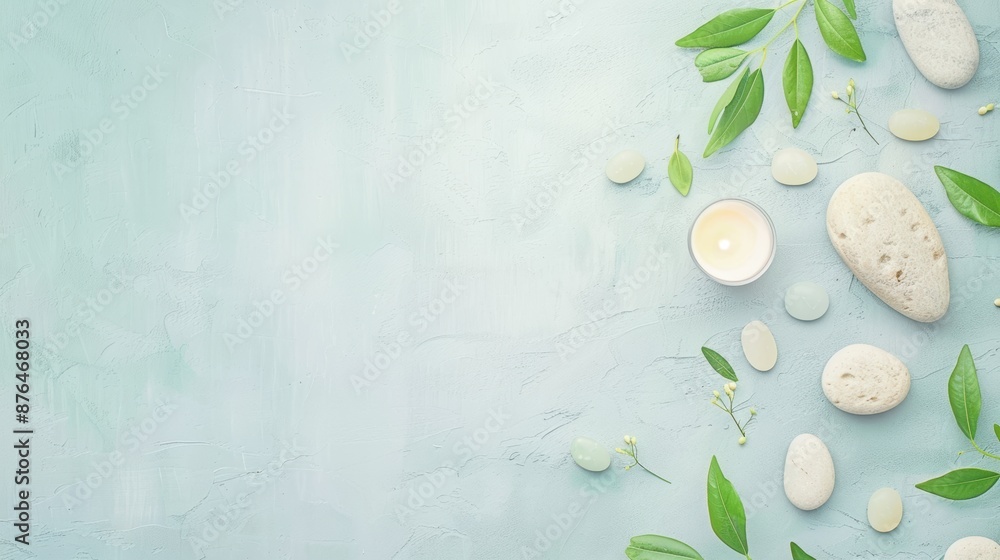 White pebbles, candles, and green leaves arranged on a textured white background. Isolated on white. Minimalist spa concept. White pebbles, candles, and green leaves arranged on a textured white background. Isolated on white. Minimalist spa concept.