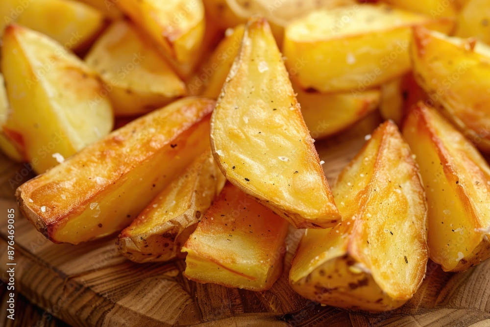 A wooden cutting board topped with cut potatoes, ready for use in the kitchen A wooden cutting board topped with cut potatoes, ready for use in the kitchen