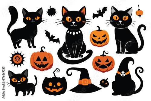 Happy Halloween. Mega set of black cat with yellow eyes in different poses with a pumpkin, on a broomstick, in a hat of a witch and other elements isolated on a white background. Cartoon, vector