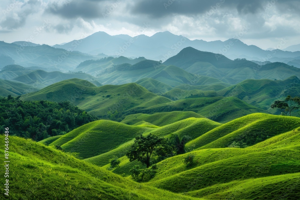Fototapeta premium A picturesque view of a green valley with mountains in the background, suitable for travel, nature, or landscape themed projects