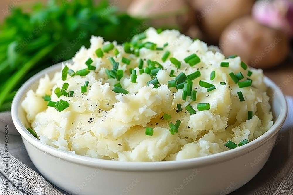 Rich and silky mashed potatoes with melted butter,garnished with finely chopped chives on white dish Rich and silky mashed potatoes with melted butter,garnished with finely chopped chives on white dish