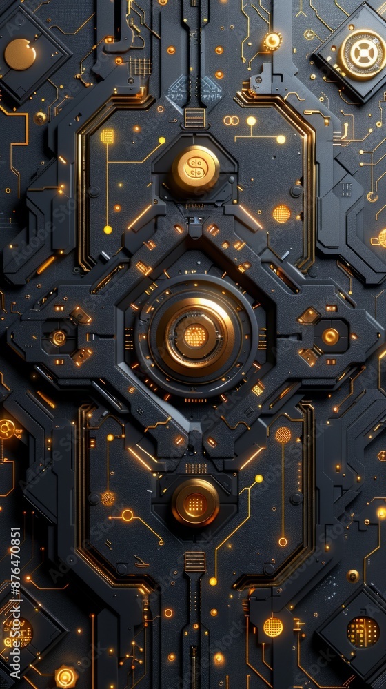 Fototapeta premium an abstract electronic backdrop, a black and yellow maze on a circuit, a processor or a motherboard. vertical frame.