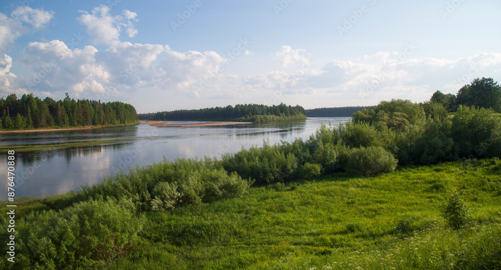 Beautiful summer landscape on the river with clouds. Beautiful summer landscape on the river with clouds.