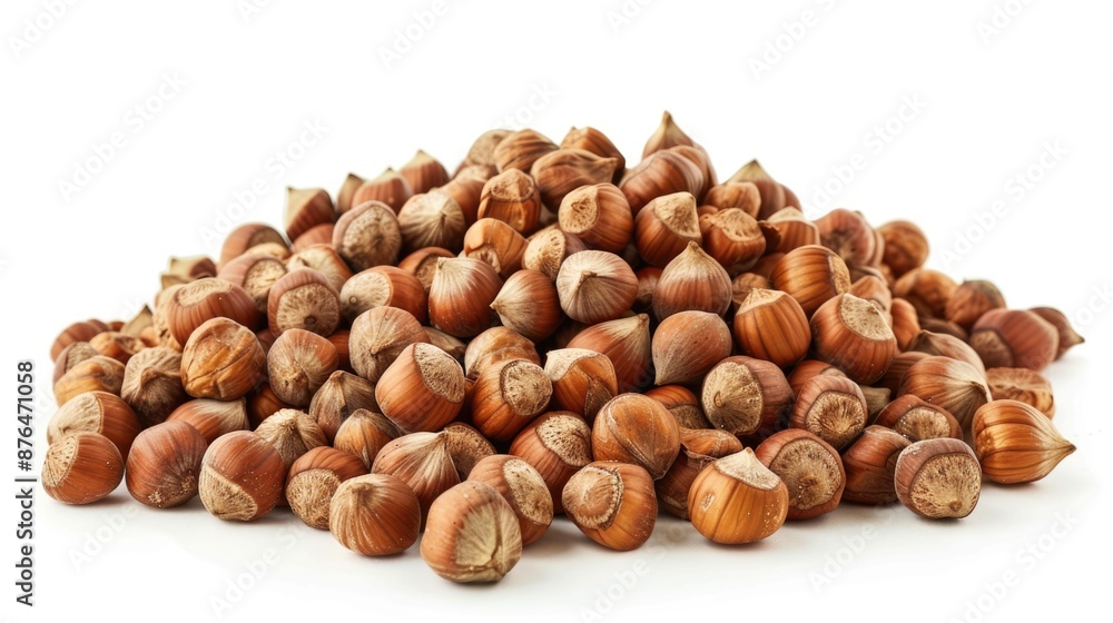 A pile of hazel nuts on a clean white surface, perfect for use in still life photography or as a prop for food and drink scenes A pile of hazel nuts on a clean white surface, perfect for use in still life photography or as a prop for food and drink scenes
