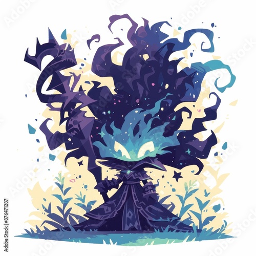 Cute sorcerer casting a powerful spell with dark magic energy