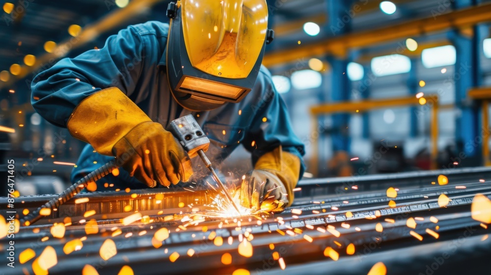 A man is welding a piece of metal. The sparks and heat from the welding process create a sense of danger and excitement. Concept of hard work and dedication A man is welding a piece of metal. The sparks and heat from the welding process create a sense of danger and excitement. Concept of hard work and dedication