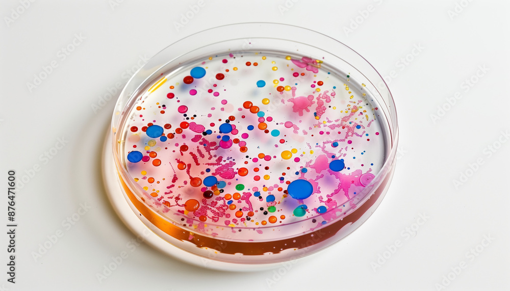 Colorful abstract art in a petri dish with various pigments and patterns ideal for scientific and artistic themes Colorful abstract art in a petri dish with various pigments and patterns ideal for scientific and artistic themes
