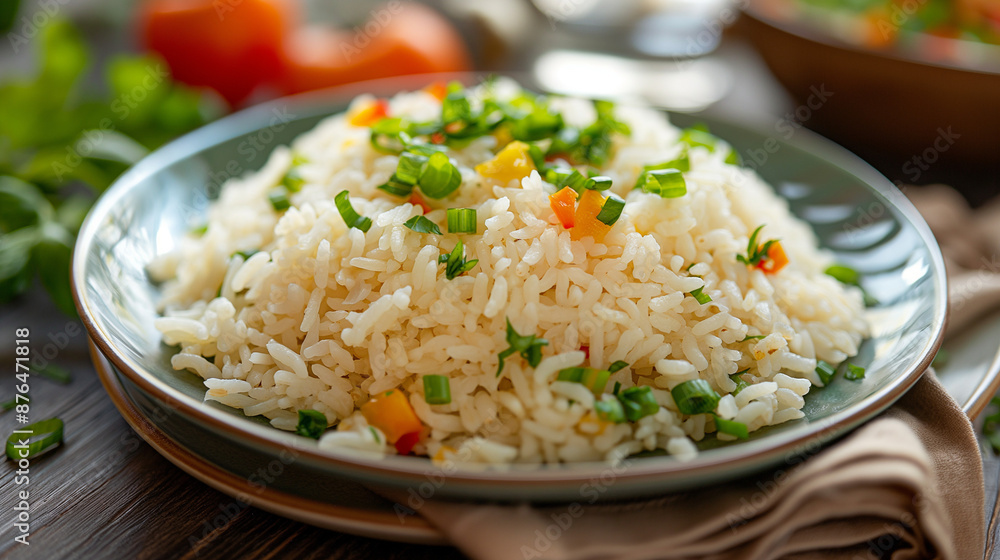plate of white rice with tomatoes and vegetables on the table at restaurant plate of white rice with tomatoes and vegetables on the table at restaurant