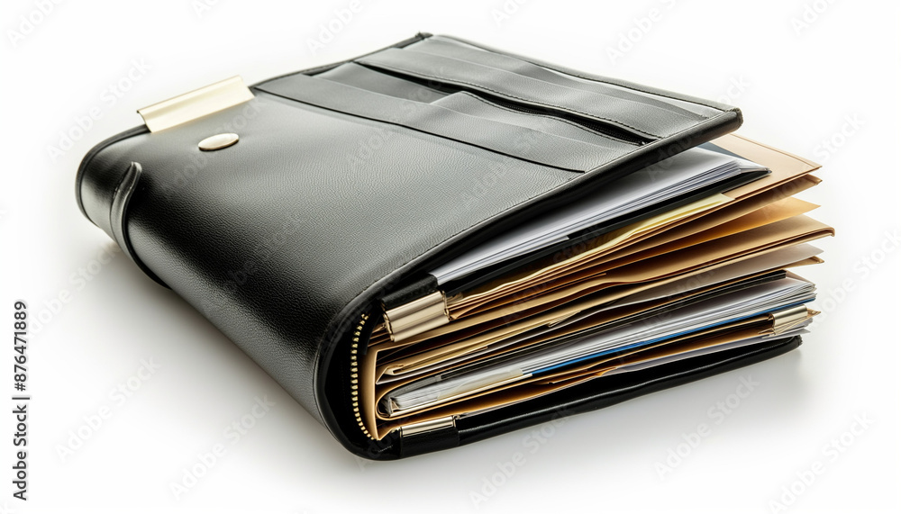 Black leather folder filled with assorted documents and papers ideal for business or office themes Black leather folder filled with assorted documents and papers ideal for business or office themes