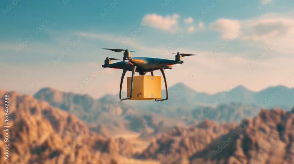 A drone is flying over a desert with a box on its nose A drone is flying over a desert with a box on its nose