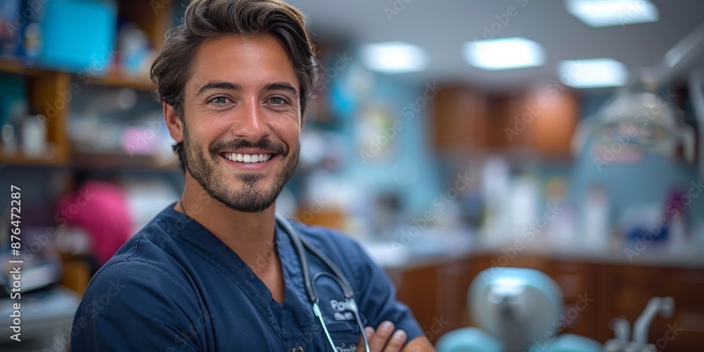 Fototapeta premium Smiling young male doctor in a dental clinic