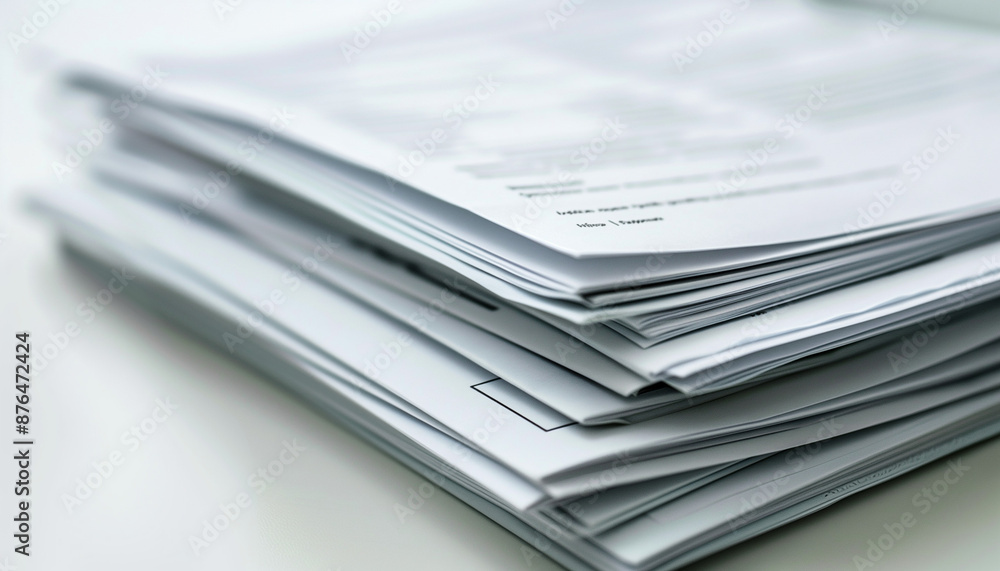 Stack of neatly arranged white papers on a desk suitable for office or document themes Stack of neatly arranged white papers on a desk suitable for office or document themes