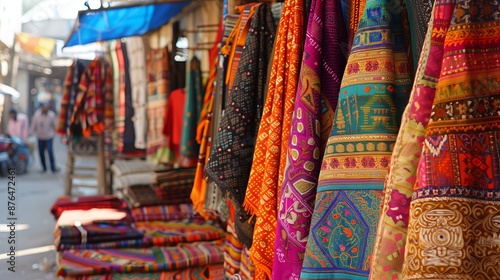 Wallpaper Mural Chunri textiles, with rich colors and intricate patterns, captivate in a vibrant market setting. Torontodigital.ca