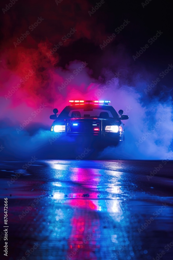 Police vehicle drives on a rainy road under the streetlights, suitable for use in crime or action scenes Police vehicle drives on a rainy road under the streetlights, suitable for use in crime or action scenes