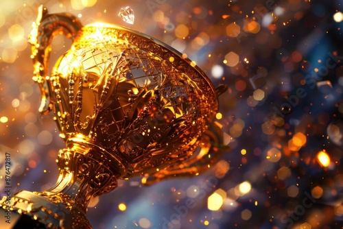 A golden trophy sitting on top of a table with a flat surface and legs