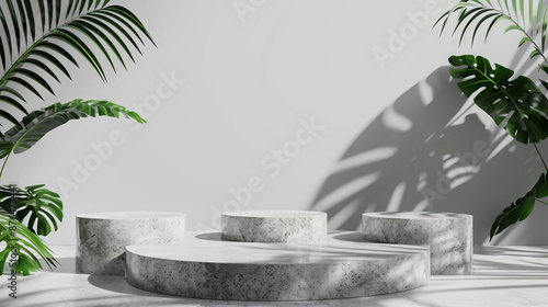 Elegant gray stone 3D platform mockup for product display, with Monstera leaves on both sides. © Yulia