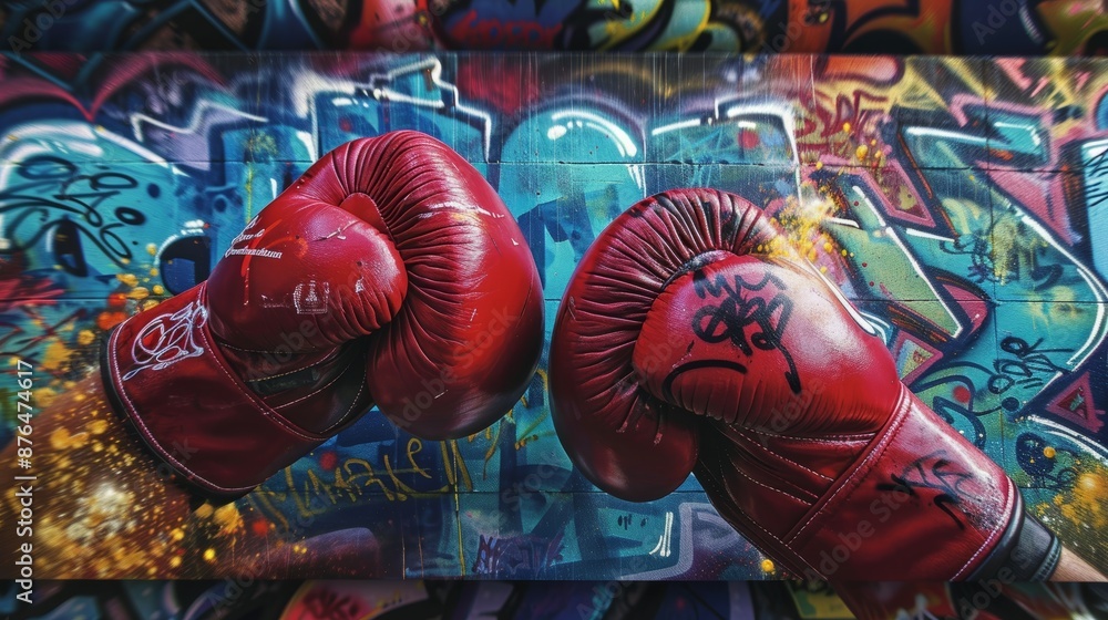 Fototapeta premium Dynamic Boxing Gloves Impact in Urban Graffiti Gym, Sports and Fitness Concept Design for Poster or Print