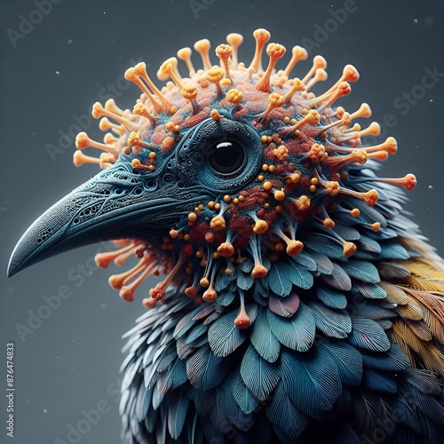 close up of a virus like head on a bird