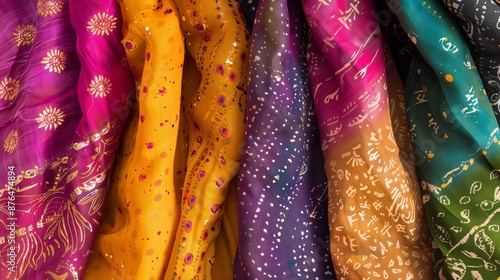 Traditional chunri fabric, with intricate tie-dye patterns, showcases vibrant colors and cultural heritage. photo