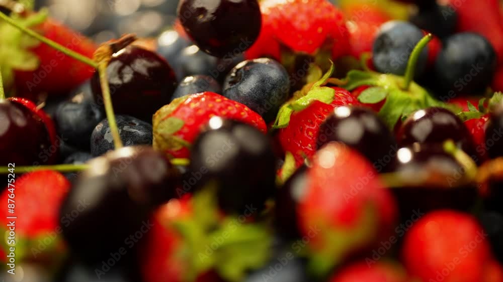Background slow motion video of cherries falling on blueberries and strawberries. Mix of fresh juicy organic berries. High quality 4k footage Background slow motion video of cherries falling on blueberries and strawberries. Mix of fresh juicy organic berries. High quality 4k footage
