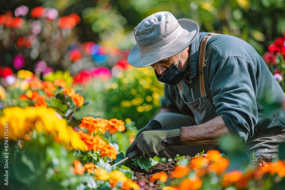 Man Gardening with Protective Mask and Gloves Amidst Vibrant Flower Garden for Health Safety Man Gardening with Protective Mask and Gloves Amidst Vibrant Flower Garden for Health Safety