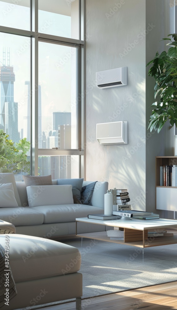 Fototapeta premium Modern Urban Living Room with Panoramic City Views and Minimalist Design for Interior Inspiration